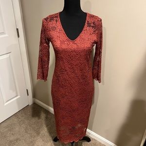 Lace sleeved v-neck dress rust orange